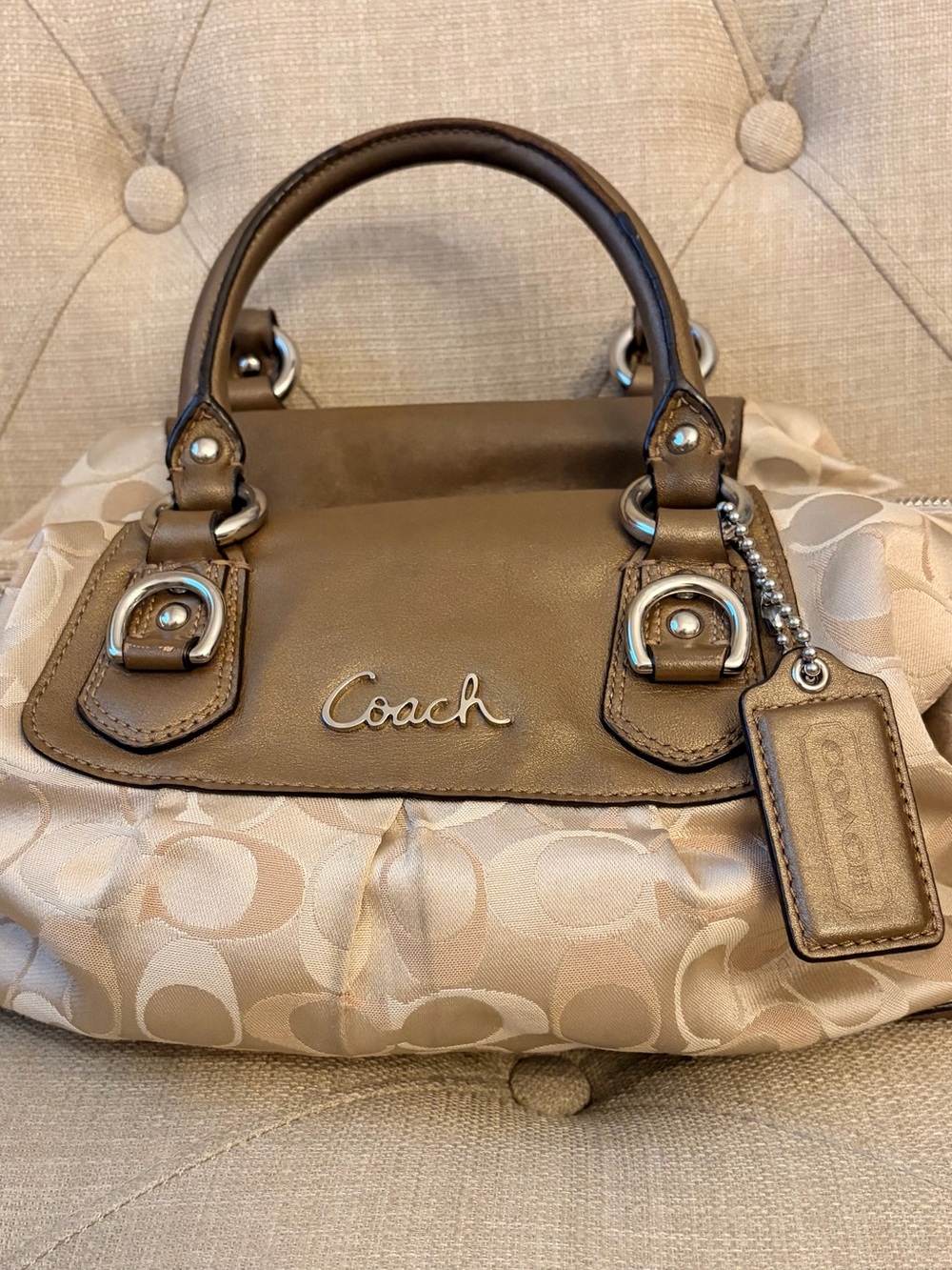 Coach Taupe Satin & Leather Logo Satchel